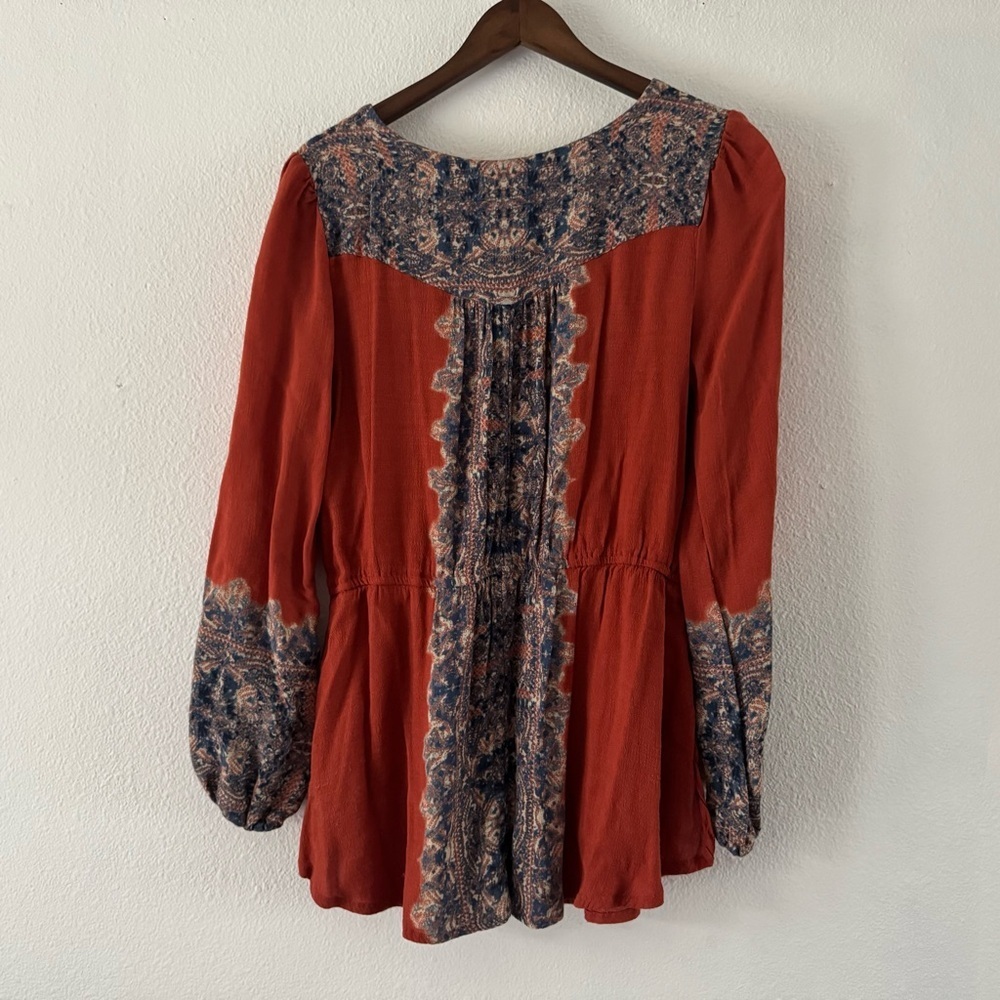 Free People Wildest Moment Rust Paisley Lace-Up Tunic Large Boho Romantic - Picture 14 of 16